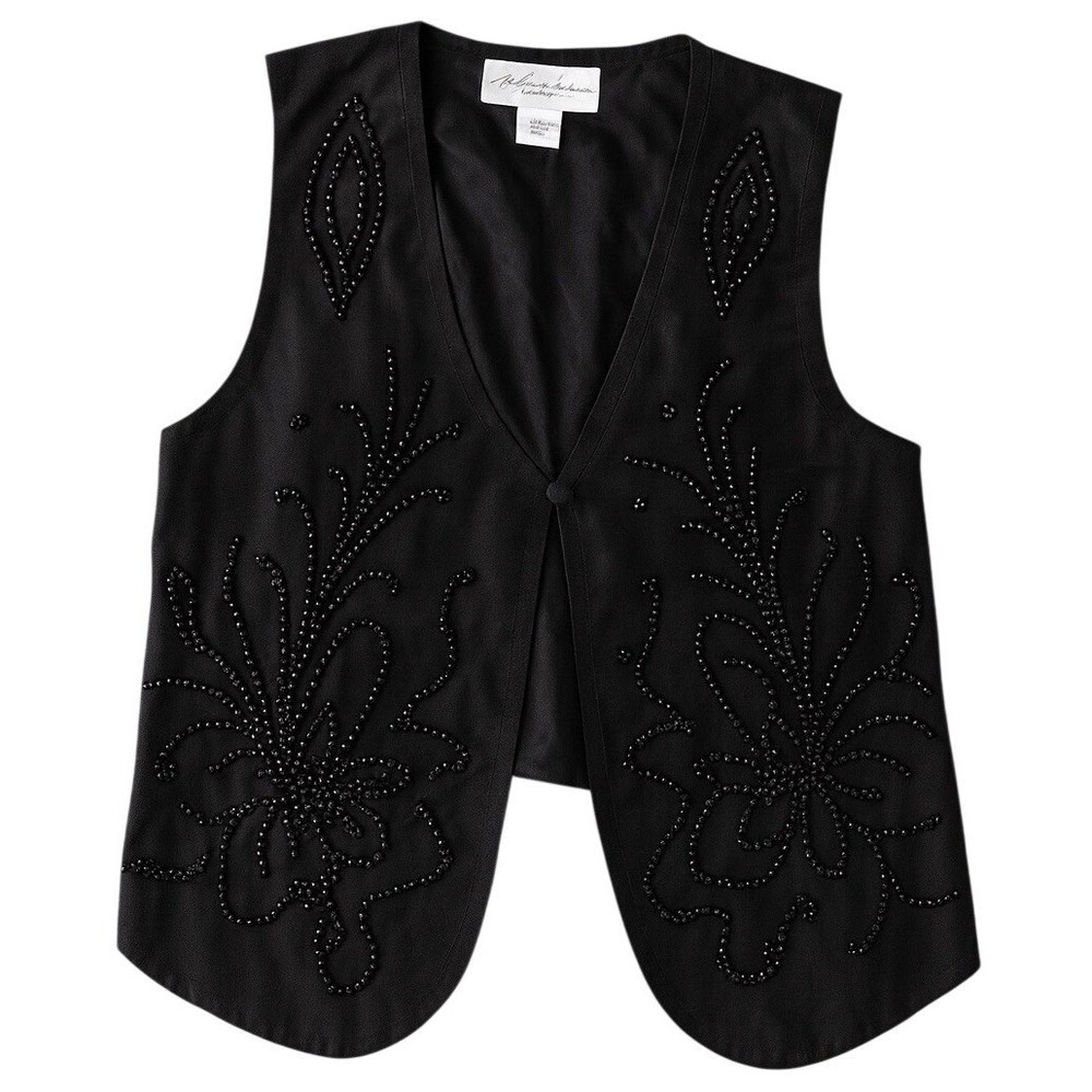 Casual Corner Silk Beaded Vest Womens Small Black Floral Embroidered Evening Top